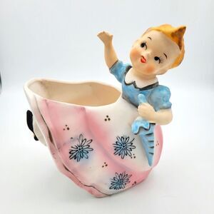 Vintage Velco Ceramic Girl Planter with Pink and Blue Accents